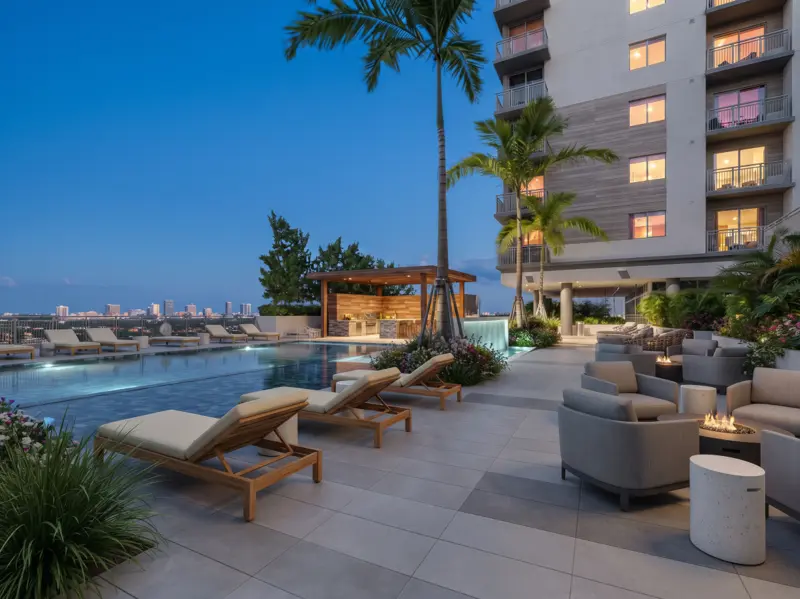 Pool deck and residential tower at the Miami apartment community